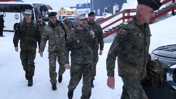 Danish and German soldiers arrive at the Danish Arctic Command building in Nuuk, Greenland