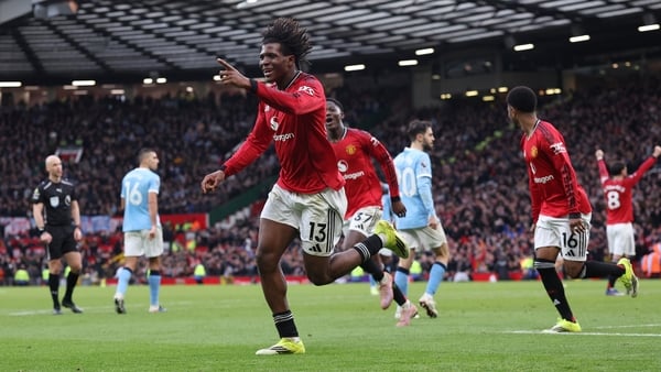 MANCHESTER, ENGLAND - JANUARY 17: Patrick Dorgu of Manchester United clebrates after he scores a goal to make it 2-0 during the Premier League match between Manchester United and Manchester City at Old Trafford on January 17, 2026 in Manchester, England.