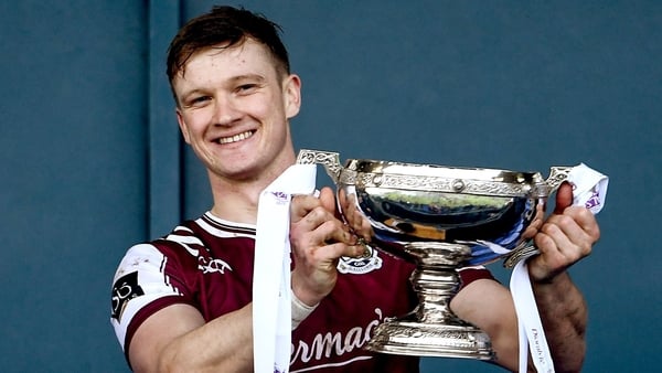 17 January 2026; Galway captain Darragh Morrissey lifts the Walsh Cup after the Dioralyte Walsh Cup final match between Dublin and Galway at Parnell Park in Dublin. Photo by Matt Browne/Sportsfile