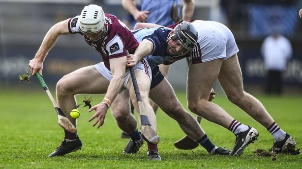 17 January 2026; John Fleming of Galway in action against Cian O'Sullivan of Dublin during the Dioralyte Walsh Cup final match between Dublin and Galway at Parnell Park in Dublin. Photo by Matt Browne/Sportsfile