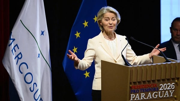 European Commission President Ursula von der Leyen delivers a speech during the signing ceremony of the trade agreement between the European Union and Mercosur