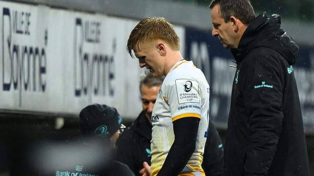 17 January 2026; Tommy O'Brien of Leinster leaves the pitch after picking up an injury during the Investec Champions Cup match between Bayonne and Leinster at the Stade Jean Dauger in Bayonne, France. Photo by Brendan Moran/Sportsfile