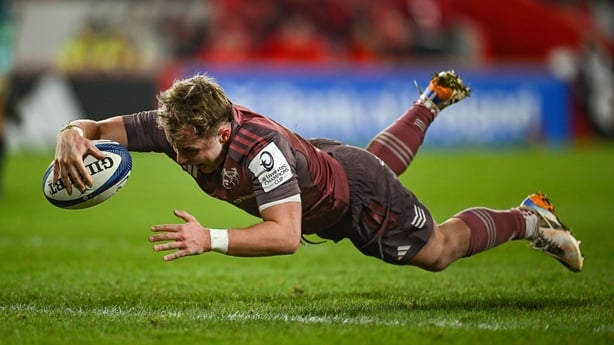 17 January 2026; Craig Casey of Munster scores his side's first try during the Investec Champions Cup match between Munster and Castres Olympique at Thomond Park in Limerick. Photo by Seb Daly/Sportsfile