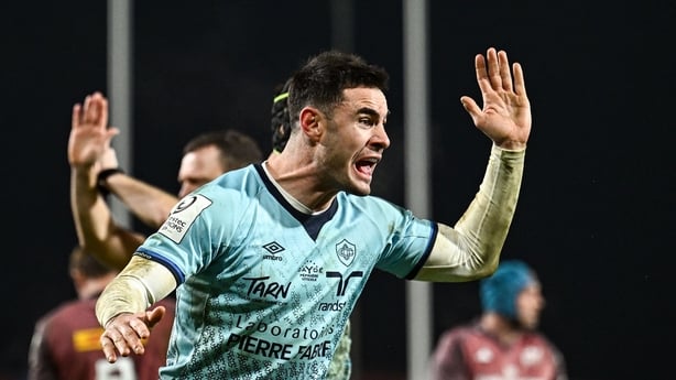 17 January 2026; Geoffrey Palis of Castres Olympique celebrates his side winning a penalty during the Investec Champions Cup match between Munster and Castres Olympique at Thomond Park in Limerick. Photo by Seb Daly/Sportsfile