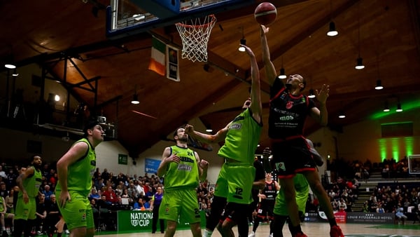 17 January 2026; Joshua Steel of Ballincollig in action against Daniel Jokubaitis of Garveys Tralee Warriors during the Domino’s MSL National Cup final match between Garveys Tralee Warriors and Ballincollig at the National Basketball Arena in Tallaght, Du