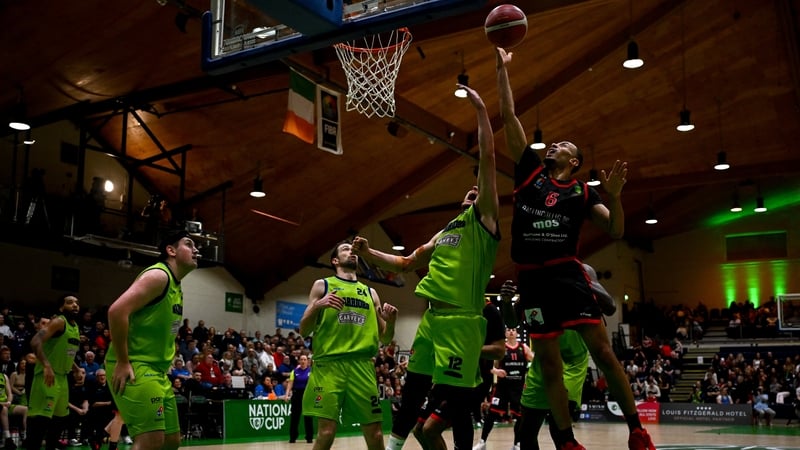 17 January 2026; Joshua Steel of Ballincollig in action against Daniel Jokubaitis of Garveys Tralee Warriors during the Domino’s MSL National Cup final match between Garveys Tralee Warriors and Ballincollig at the National Basketball Arena in Tallaght, Du