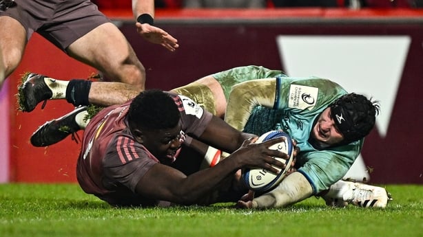 17 January 2026; Edwin Edogbo of Munster scores his side's fourth try during the Investec Champions Cup match between Munster and Castres Olympique at Thomond Park in Limerick. Photo by Seb Daly/Sportsfile