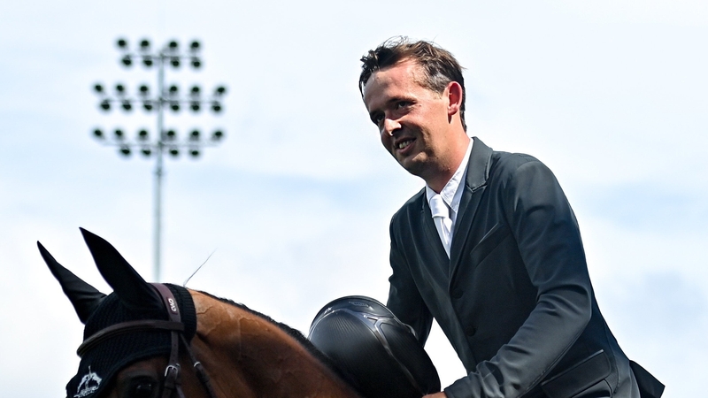 Bertram Allen of Ireland on Carrera Denfer after winning the Speed Derby during the Longines FEI Dublin Horse Show at the RDS in Dublin.