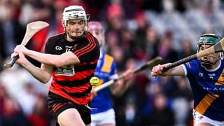 18 January 2026; Mikey Mahony of Ballygunner scores his side's first goal during the AIB GAA Hurling Senior Club Championship final match between Ballygunner of Waterford and Loughrea of Galway at Croke Park in Dublin. Photo by Piaras Ó Mídheach/Sportsfil