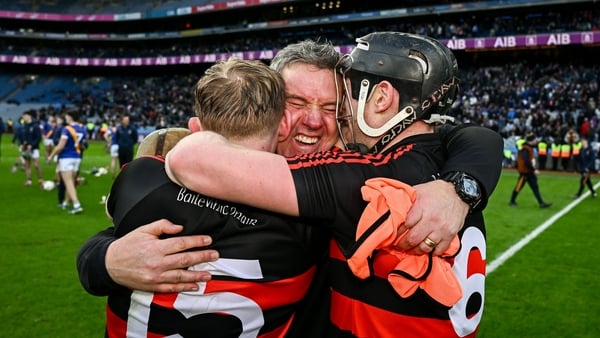 Ballygunner manager Jason Ryan, centre, celebrates with Michael Mahony, left, and Philip Mahony, right, after their side's victory in the AIB GAA Hurling Senior Club Championship final match between Ballygunner of Waterford and Loughrea of Galway at Croke