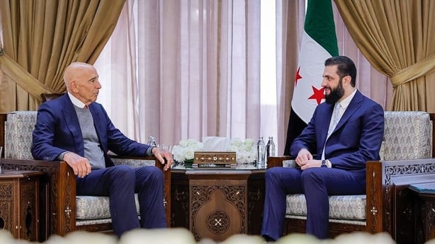 Syrian President Ahmed Sharaa meets with US Special Envoy for Syria Thomas Barrack at the Peopleâs Palace in Damascus