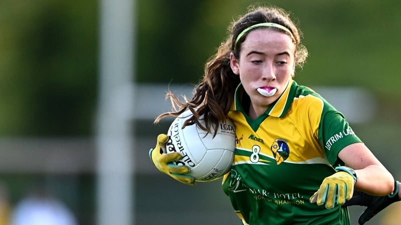 15 July 2025; Eibhlin Guckian of Leitrim in action against Rachel Gillespie of Donegal during LGFA All-Ireland U16 C Championship final match between Donegal and Leitrim at Tempo Maguires GAC in Tempo, Fermanagh. Photo by Ben McShane/Sportsfile
