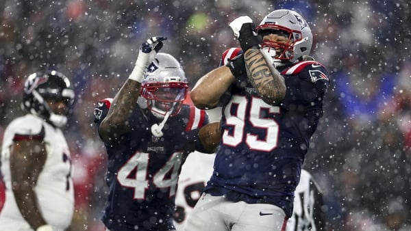 FOXBOROUGH, MASSACHUSETTS - JANUARY 18: Khyiris Tonga #95 of the New England Patriots celebrates after a sack during the fourth quarter of an NFL divisional playoff football game against the Houston Texans at Gillette Stadium on January 18, 2026 in Foxbor