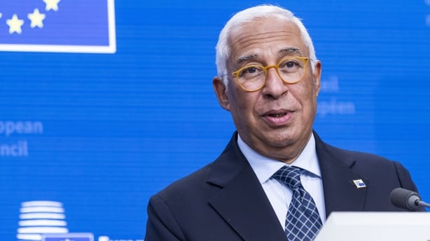 The President of the European Council Antonio Costa stands at a podium.