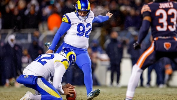 Harrison Mevis #92 of the Los Angeles Rams kicks the game winning field goal during overtime of the NFC Divisional playoff game against the Chicago Bears at Soldier Field on January 18, 2026 in Chicago, Illinois. (Photo by Lauren Leigh Bacho/Getty Images)