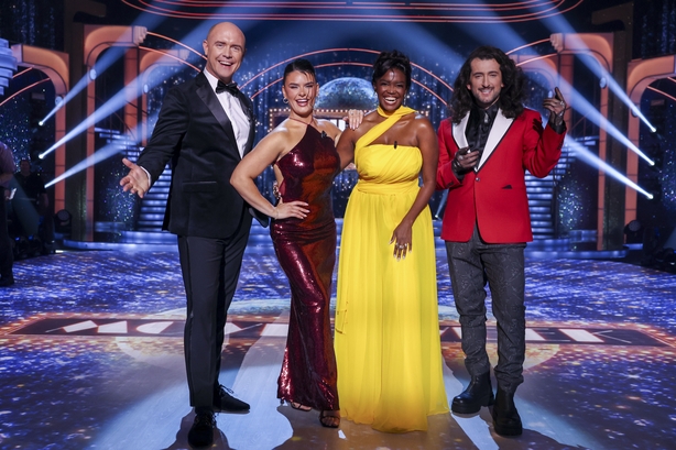 Judges Brian Redmond,Karen Byrne,Oti Mabuse, and Arthur Gourounlian during the live show of RTE's Dancing With The Stars.Pic:Kyran O'Brien /kobpixNO FEE FOR REPRO During show run++++++FEE applies to Photographs used after Show run finishes.++++++++++
