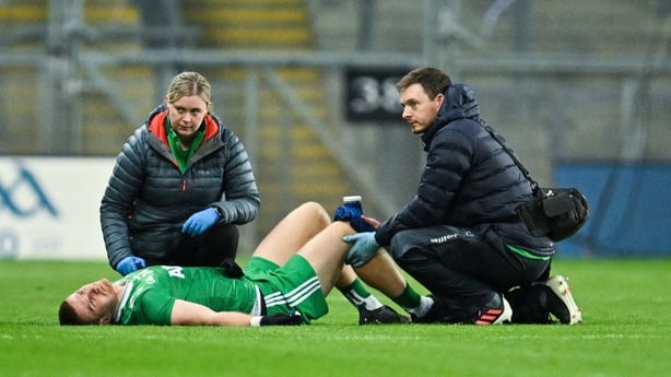 Evan O'Carroll of Leinster receives medical attention after going down with an injury during the Allianz GAA Football Interprovincial Championship Shield Final match between Leinster and Munster at Croke Park in Dublin. Photo by Stephen Marken/Sportsfile