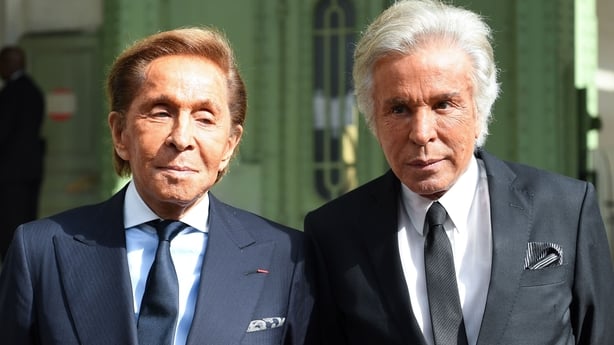 Italian fashion designer Valentino Garavani (L) and Italian business man Giancarlo Giammetti (R) arrive for the "Karl For Ever" event to honour late German fashion designer Karl Lagerfeld at the Grand Palais in Paris, on June 20, 2019. - The late designer for the French label Chanel, Karl Lagerfeld,