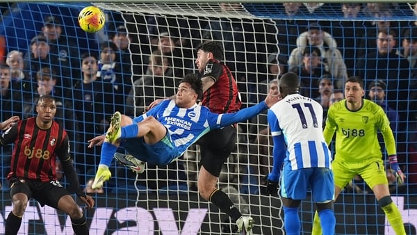 Brighton's Charalampos Kostoulas scoring from an overhead kick against Bournemouth - Premier League, January 2026