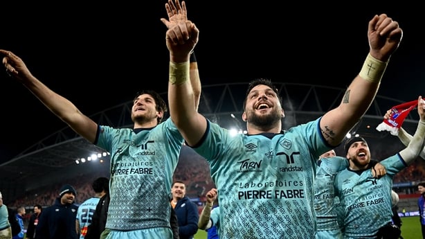 17 January 2026; Castres Olympique players Aurelien Azar, right, and Gauthier Maravat after their side's victory in the Investec Champions Cup match between Munster and Castres Olympique at Thomond Park in Limerick. Photo by Seb Daly/Sportsfile
