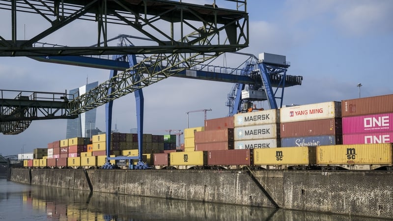The headquarters of the European Central Bank is seen behind shipping containers at Frankfurt port in Germany yesterday