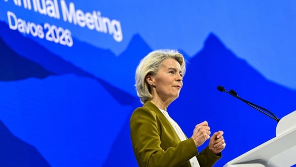 Ursula von der Leyen gestures as she delivers a speech