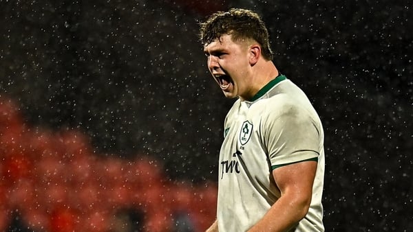 14 November 2025; Sam Bishti of Ireland celebrates during the U20 Challenge Match between Ireland and South Africa at Virgin Media Park in Cork. Photo by Piaras Ó Mídheach/Sportsfile