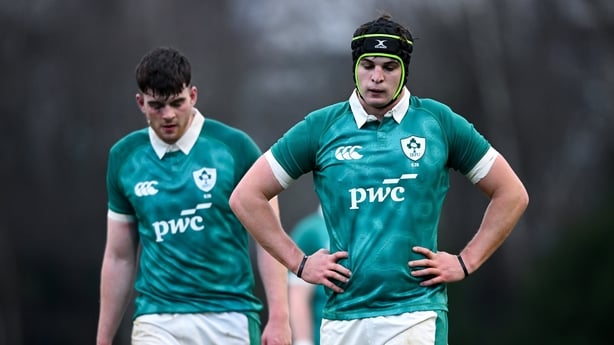 17 January 2026; Josh Neill, right, and Donnacha McGuire of Ireland during the U20 International Rugby friendly match between Ireland and Italy at UCD Bowl in Belfield, Dublin. Photo by Shauna Clinton/Sportsfile