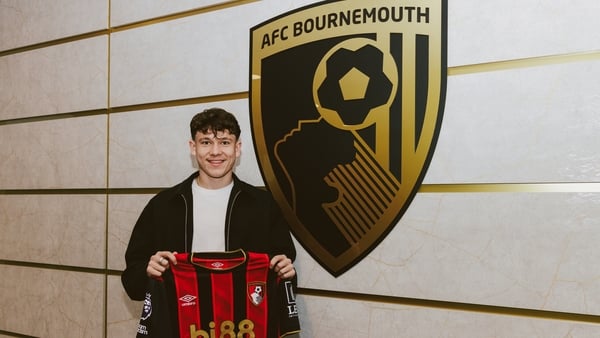 New AFC Bournemouth signing Alex Toth is unveiled at Canford Performance Centre on January 19, 2026 in Wimborne Minster, England.