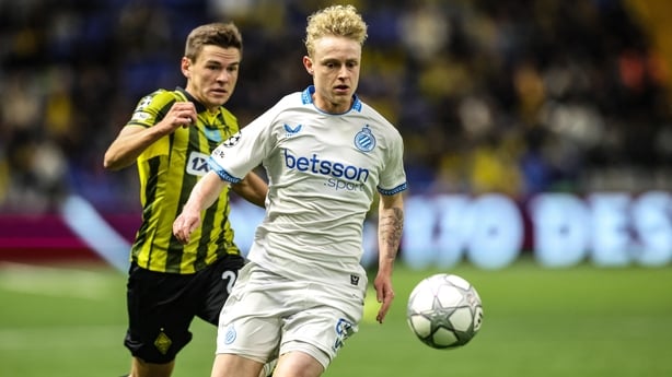 Kairat's Alexander Mrynskiy and Club's Joaquin Seys fight for the ball during a soccer game between Kazakh FC Kairat Almaty and Belgian Club Brugge KV, Tuesday 20 January 2026 in Astana, Kazakhstan, on day seven of the League phase of the UEFA Champions League tournament. 