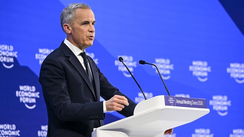 Canada's Prime Minister Mark Carney delivers a speech during the World Economic Forum annual meeting in Davos