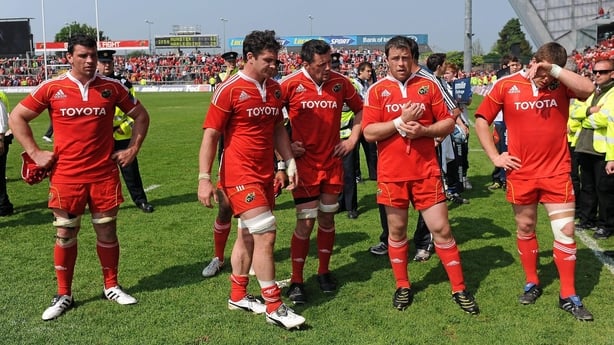 30 April 2011; Munster players from left, Denis Leamy, David Wallace, James Coughlan, Marcus Horan and Mike Sherry after the game. Amlin Challenge Cup Semi-Final, Munster v Harlequins, Thomond Park, Limerick. Picture credit: Matt Browne / SPORTSFILE