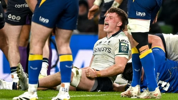 3 January 2026; Cian Prendergast of Connacht celebrates his side's second try, scored by team-mate Finlay Bealham, hidden, during the United Rugby Championship match between Leinster and Connacht at the Aviva Stadium in Dublin. Photo by Tyler Miller/Sport
