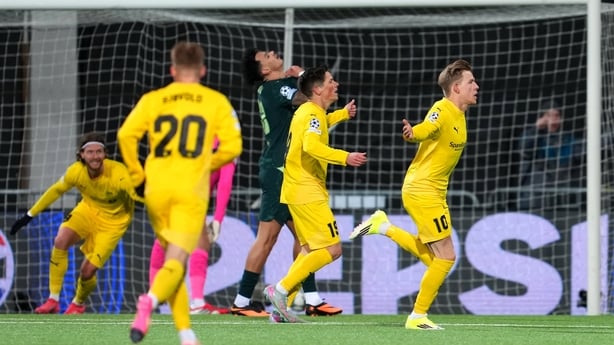 Jens Petter Hauge of Bodo/Glimt celebrates scoring his team's third goal during the UEFA Champions League 2025/26 League Phase MD7 match between FK Bodo/Glimt and Manchester City at Aspmyra Stadion on January 20, 2026 in Bodo, Norway.