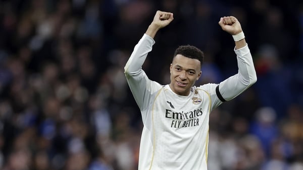 Kylian Mbappe of Real Madrid celebrates the victory after the match during the UEFA Champions League match between Real Madrid v AS Monaco at the Estadio Santiago Bernabeu on January 20, 2026 in Madrid Spain.