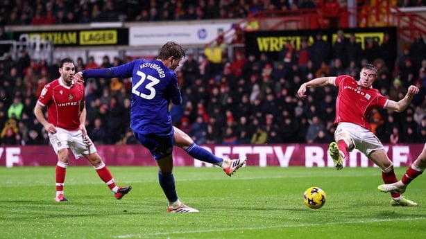 Jannik Vestergaard of Leicester City scores his team's first goal during the Sky Bet Championship match between Wrexham AFC and Leicester City at Racecourse Ground on January 20, 2026 in Wrexham, Wales.
