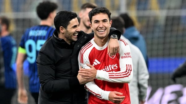 Mikel Arteta, Manager of Arsenal, celebrates victory with his player Martin Zubimendi following the UEFA Champions League 2025/26 League Phase MD7 match between FC Internazionale Milano and Arsenal FC at Stadio San Siro on January 20, 2026 in Milan, Italy