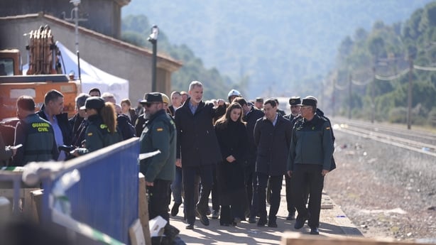 CORDOBA ANDALUSIA, SPAIN - JANUARY 20: King Felipe VI and Queen Letizia, accompanied by the president of the Junta de Andalucia, Juanma Moreno, visit ground zero of the accident between two trains in Adamuz (Cordoba), in which at least 41 people have died and more than a hundred have been injured. O