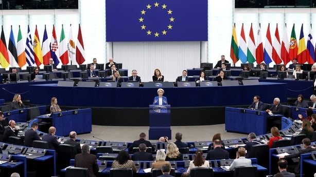 A wide shot of European Commission President Ursula von der Leyen addressing the EU Parliament