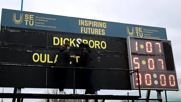 16 November 2025; Volunteers add the team names to the scoreboard before the AIB Leinster Camogie Senior Club Championship final match between Dicksboro and Oulart-The Ballagh at SETU in Carlow. Photo by Thomas Flinkow/Sportsfile 