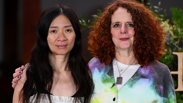 (L-R) Chloé Zhao and Maggie O'Farrell attend the photocall for Hamnet at Shakespeare's Globe on 17 December, 2025 in London
