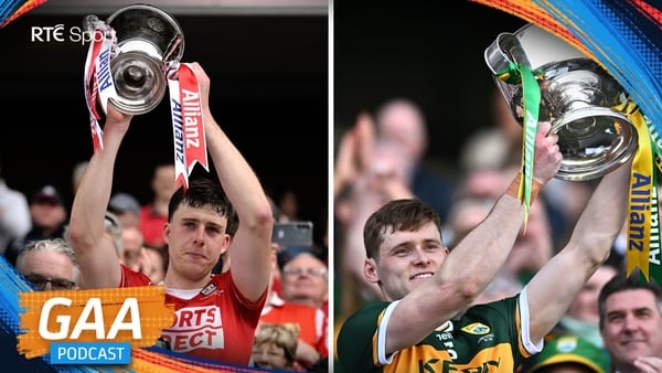Podcast graphic with two pictures one of Cork and one of Tipp lifting the trophy in their respective league wins last year