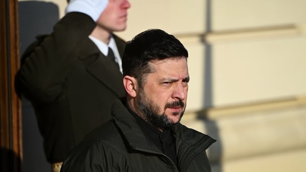 KYIV, UKRAINE - 2026/01/16: President of Ukraine Volodymyr Zelenskyy waits for the arrival of President of the Czech Republic Petr Pavel prior to a joint press conference in Kyiv. The President of the Czech Republic, Petr Pavel, arrived in Ukraine on a wo