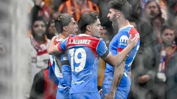 Atletico Madrid's Argentine forward #20 Giuliano Simeone (rear L) celebrates after scoring his team first goal during the UEFA Champions League, league phase day 7, football match between Galatasaray and Atletico Madrid at Rams Park in Istanbul, on January 21, 2026.