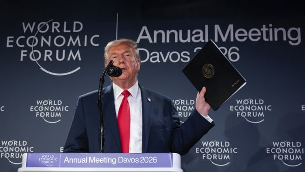 DAVOS, SWITZERLAND - JANUARY 21: U.S. President Donald Trump speaks during a reception for business leaders at the World Economic Forum (WEF) Annual Meeting on January 21, 2026 in Davos, Switzerland. The annual meeting of political and business leaders co