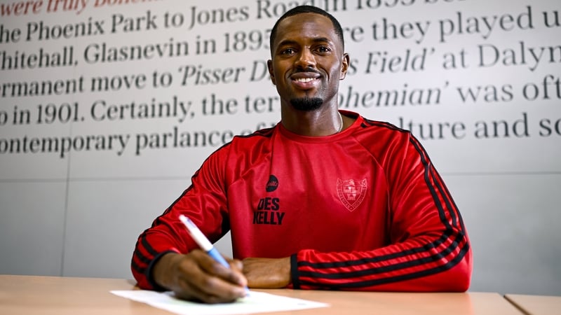 22 January 2026; Bohemians new signing Sadou Diallo poses for a portrait during his unveiling at Dalymount Park in Dublin. Photo by Ben McShane/Sportsfile