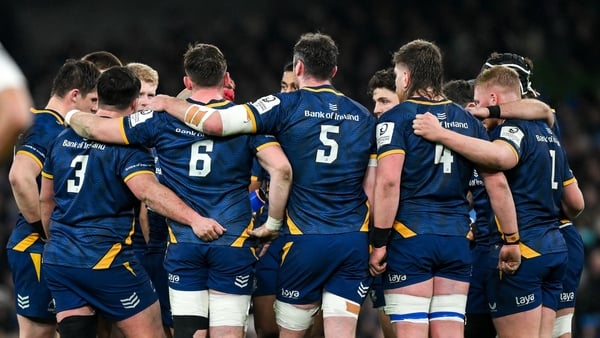 10 January 2026; The Leinster team huddle during the Investec Champions Cup match between Leinster and La Rochelle at the Aviva Stadium in Dublin. Photo by Brendan Moran/Sportsfile