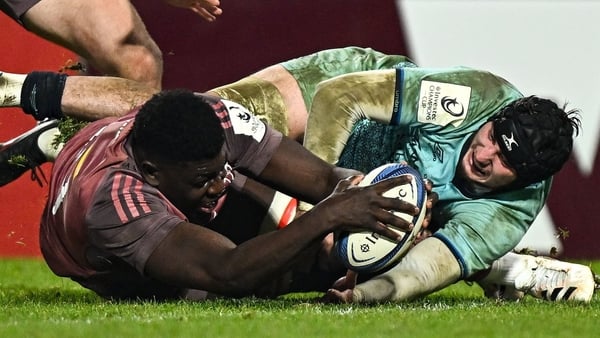 17 January 2026; Edwin Edogbo of Munster scores his side's fourth try during the Investec Champions Cup match between Munster and Castres Olympique at Thomond Park in Limerick. Photo by Seb Daly/Sportsfile