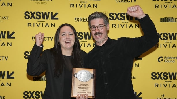 Tara Lawall, John Kelly win the Animated Short Jury Award for Retirement Plan during the SXSW Film & TV Awards at the Paramount Theatre on 12 March, 2025 in Austin, Texas