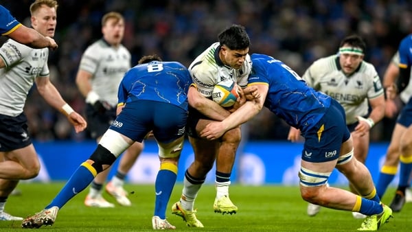 3 January 2026; Josh Ioane of Connacht is tackled by Jack Conan, left, and Diarmuid Mangan of Leinster during the United Rugby Championship match between Leinster and Connacht at the Aviva Stadium in Dublin. Photo by Tyler Miller/Sportsfile